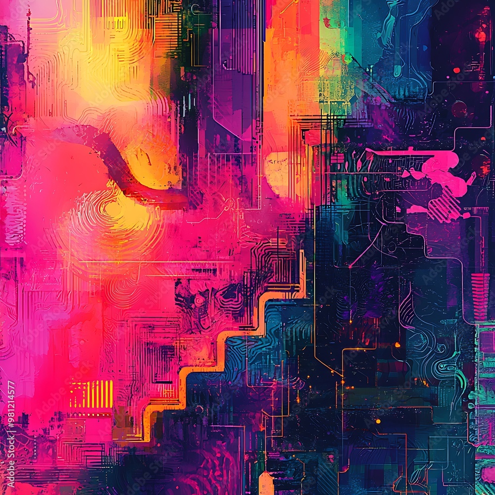 Obraz premium Vivid colors and geometric shapes collide in a mesmerizing digital artwork.