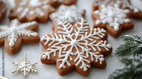 3D Gingerbread Snowflake Cookies Decorated with Icing for Christmas Holidays