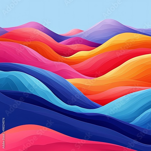 Wavy hills undulate in a colorful, abstract backdrop, alive with movement.