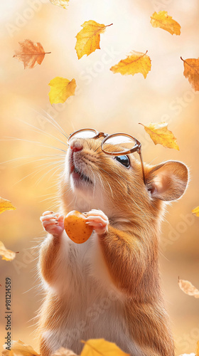 A small brown mouse wearing glasses is holding an orange apple in its mouth. The image has a playful and whimsical mood, as the mouse is dressed in human-like clothing and he is enjoying a snack