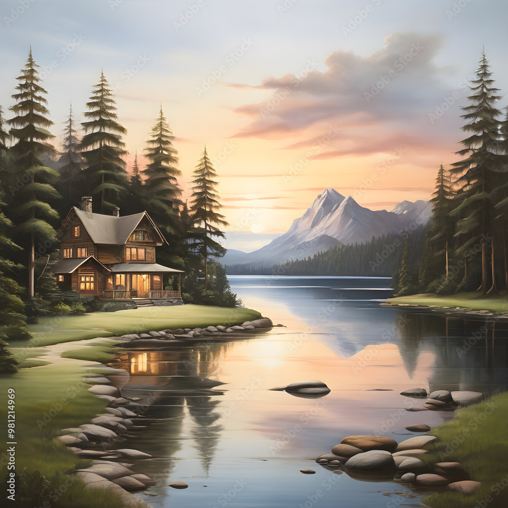 Naklejka premium Serene Lakeside Cabin at Sunset with Mountain View