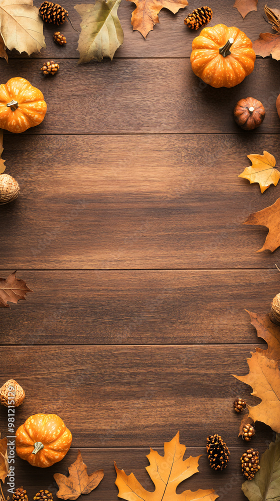 A wooden background with a variety of fall foliage including leaves, pumpkins, and pinecones A wooden background with a variety of fall foliage including leaves, pumpkins, and pinecones