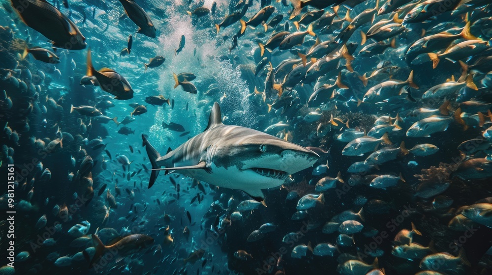 Fototapeta premium Underwater image of a great white shark surrounded by a school of fish in the ocean, symbolizing marine life and biodiversity.