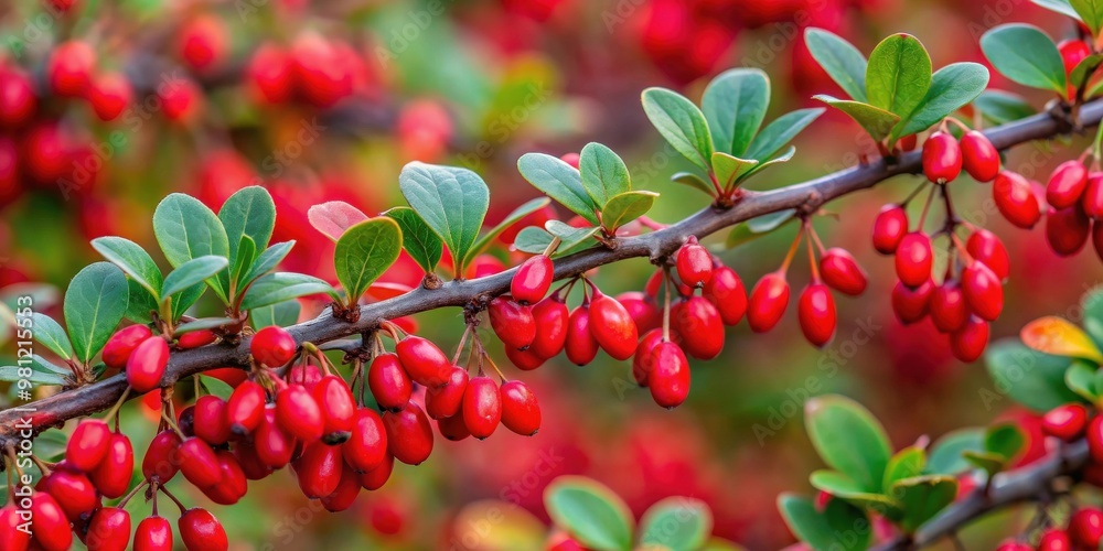 Vibrant barberry bush with sharp thorns and clusters of small red berries, plant, nature, barberry, bush, thorns Vibrant barberry bush with sharp thorns and clusters of small red berries, plant, nature, barberry, bush, thorns