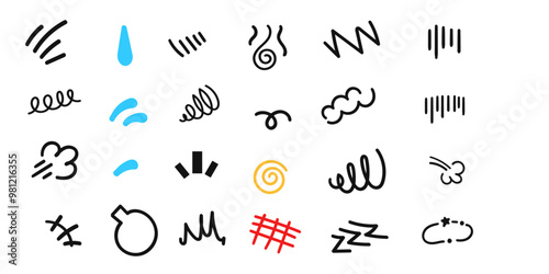 Manga Symbols Vector set, Scribble ink cartoon pack,Expressive curvy lines design elements collection.  