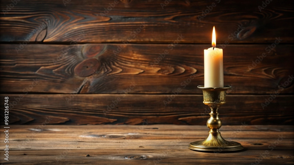 Antique brass candle holder with burning candle on dark wooden background, antique, brass, candle holder, burning Antique brass candle holder with burning candle on dark wooden background, antique, brass, candle holder, burning