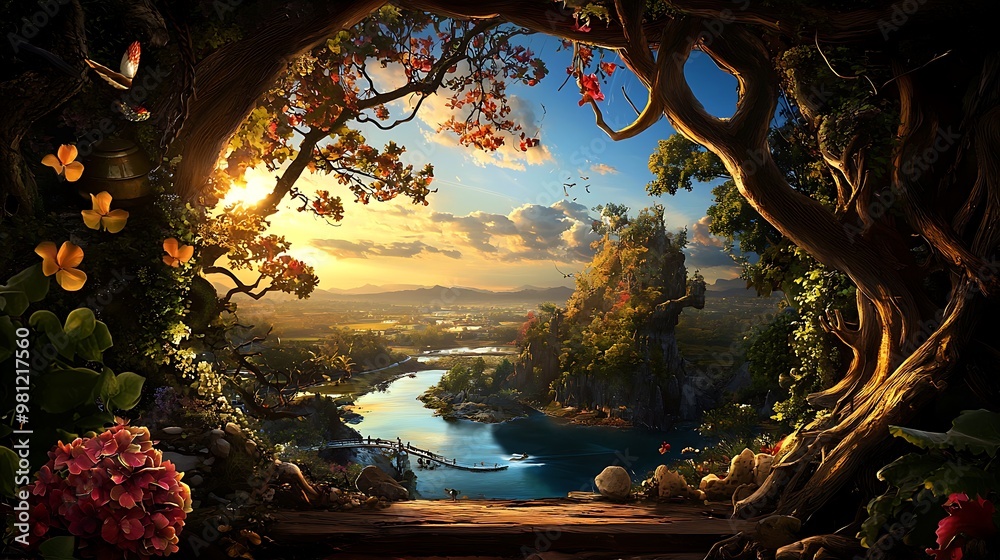 Fototapeta premium A mystical tree frames a serene river, as mountains and the setting sun create a dreamlike view.