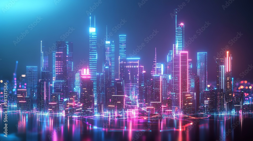 Fototapeta premium A vibrant, futuristic cityscape illuminated by neon lights, showcasing towering skyscrapers and a reflective water surface.