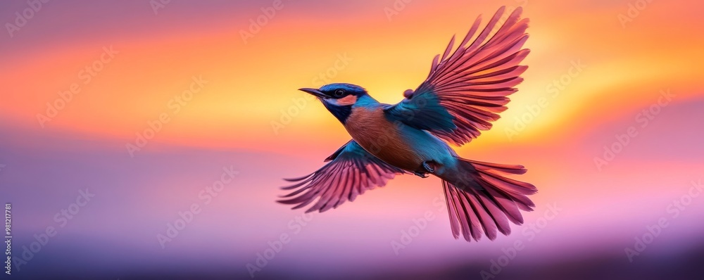Fototapeta premium Colorful bird in flight against a vibrant