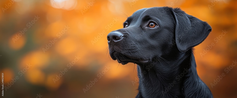 Black Labrador Retriever Looking Up in Autumn Forest Black Labrador Retriever Looking Up in Autumn Forest