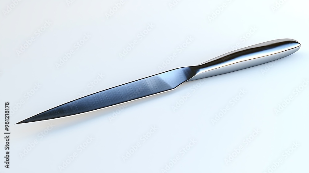 A shiny steel kitchen knife gleams against a pristine white background. A shiny steel kitchen knife gleams against a pristine white background.