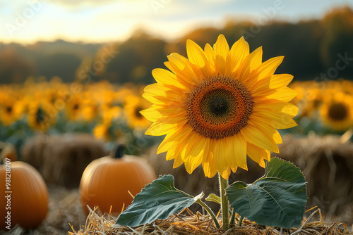 A close-up of freshly harvested sunflowers standing tall in a field, surrounded by pumpkins and hay bales,