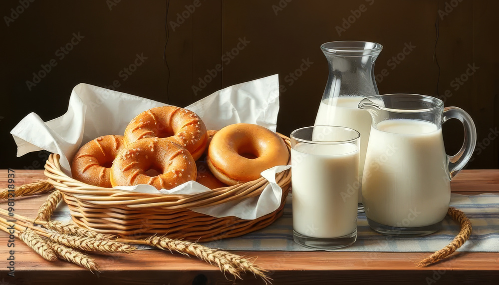 A basket of donuts and a pitcher of milk sit on a wooden table A basket of donuts and a pitcher of milk sit on a wooden table