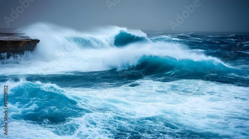 Vibrant ocean waves crashing against the rocky shore, showcasing the power and beauty of nature on a stormy day. photo