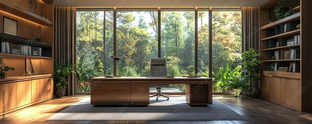 Modern office space featuring large windows, natural light, wood furnishings, and a tranquil view of greenery for a productive atmosphere. Modern office space featuring large windows, natural light, wood furnishings, and a tranquil view of greenery for a productive atmosphere.