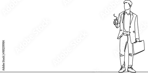 continuous single line drawing of young business man with disposable coffee cup, line art vector illustration