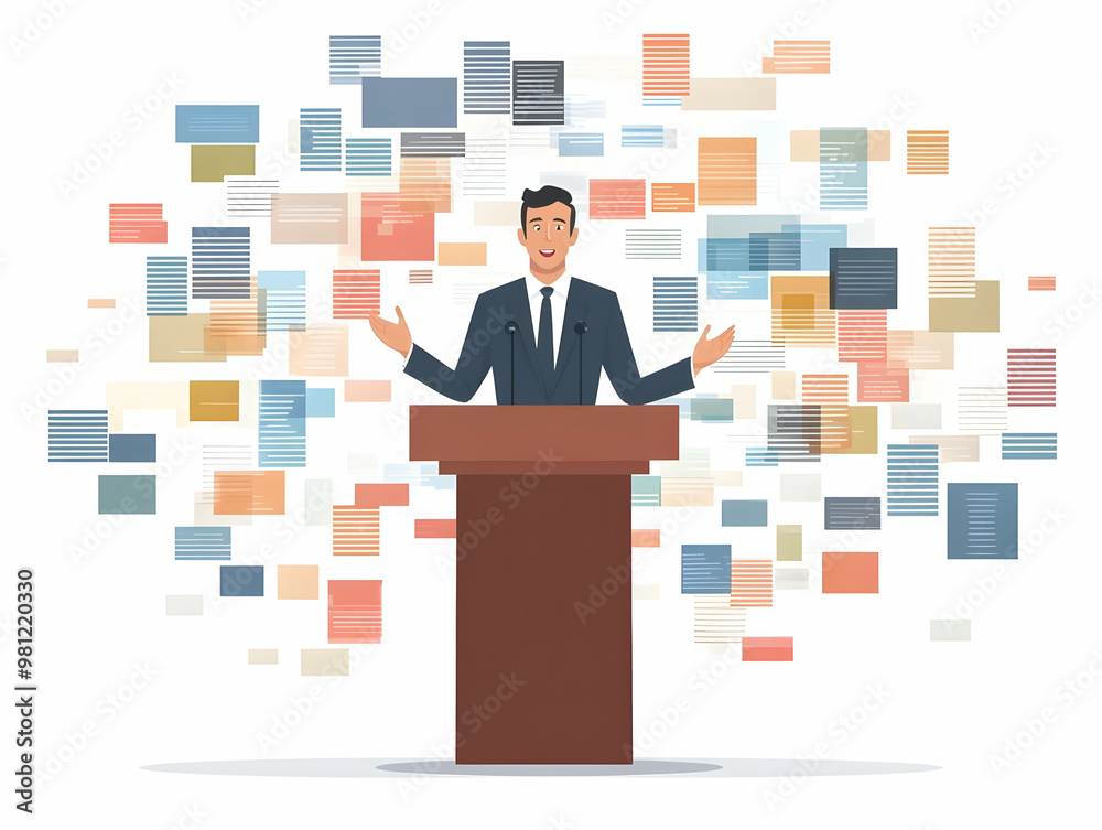 Flat Politician Giving Speech in Word Cloud Concept - Medium Shot of Politician Gesturing Surrounded by Campaign Key Phrases in Soft Bokeh Background