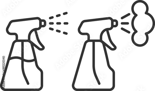 Clean icon of fluid spray in cleaning bottle aerosol. Sign tool for water gas nozzle, disinfection, hygiene spatter.