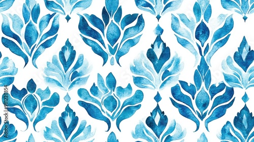 Hand painted turquoise watercolor leaf in an arabesque floral geometric shell seamless pattern