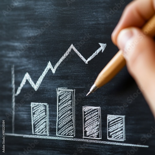 A hand draws a white chalk arrow pointing upwards on a black chalkboard with a bar graph indicating growth.