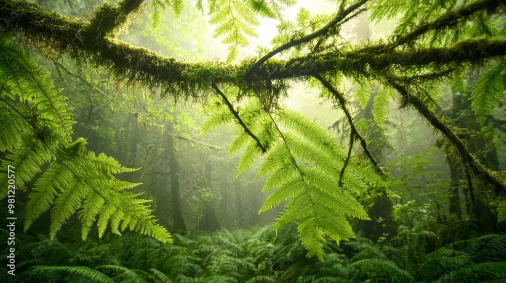 Obraz premium A calming forest setting with moss-draped branches reaching across the frame, surrounded by ferns and soft green leaves in the cool morning light.