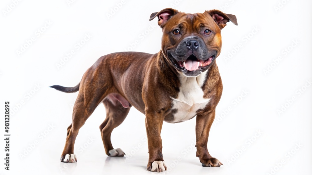 Vibrant Staffordshire Bull Terrier stands proudly on a pristine white background, exuding energy and confidence with its muscular build and striking facial expression.