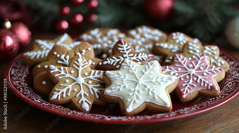 A holiday cookie platter featuring star-shaped cookies, gingerbread men, and snowflake sugar cookies, all decorated with colorful icing, A holiday cookie platter featuring star-shaped cookies, gingerbread men, and snowflake sugar cookies, all decorated with colorful icing,