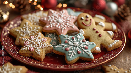 A holiday cookie platter featuring star-shaped cookies, gingerbread men, and snowflake sugar cookies, all decorated with colorful icing,