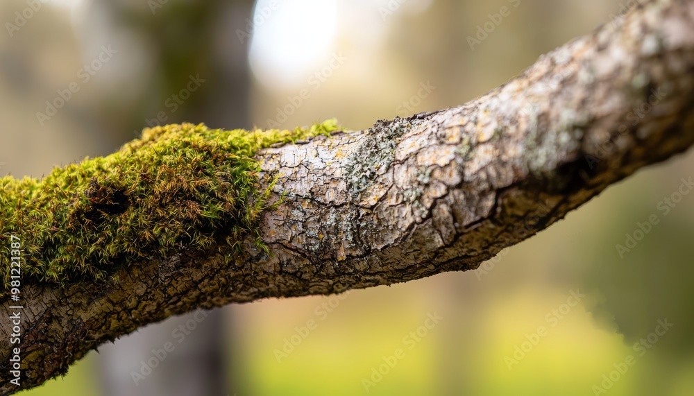 A close-up of a rough tree limb, covered in moss and bark textures, blending naturally with the soft earthy tones of the forest around it. A close-up of a rough tree limb, covered in moss and bark textures, blending naturally with the soft earthy tones of the forest around it.