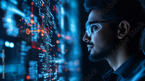 Man analyzing data on digital screen in dark office