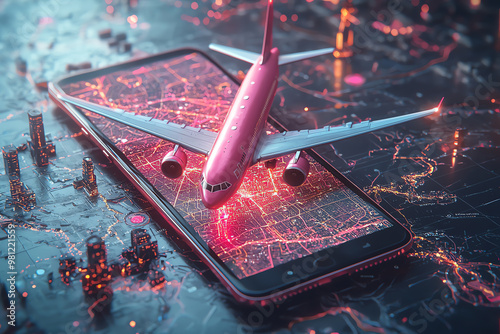 A vibrant smartphone with a digital map and a pink airplane, symbolizing modern travel technology and connectivity. photo