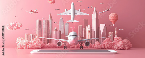 A whimsical illustration featuring airplanes soaring over a stylized pink city skyline, evoking travel and adventure.