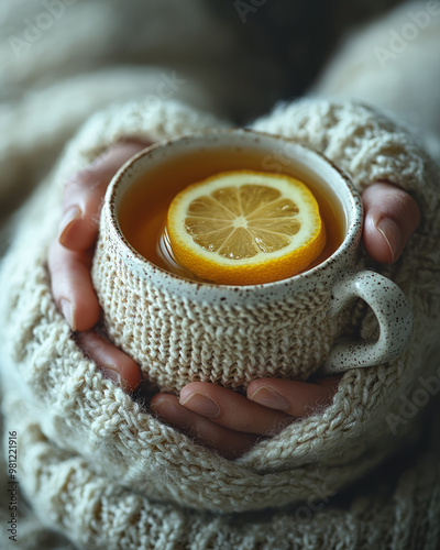 A person wrapping themselves in a cozy blanket, holding a warm mug of ginger tea with lemon and honey,