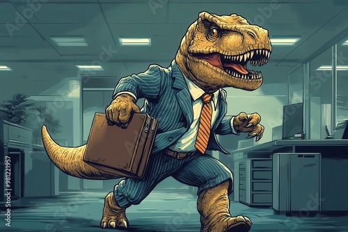 whimsical trex executive in pinstriped suit briefcase in hand striding through modern office juxtaposition of prehistoric and corporate vibrant colors cartoonish style photo