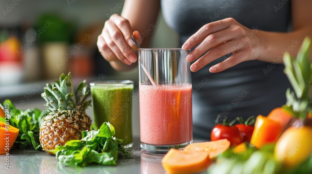 Create a visual that shows a fresh, vibrant morning scene, with a fit and healthy-looking individual (preferably faceless) preparing a smoothie in a well-loss. Create a visual that shows a fresh, vibrant morning scene, with a fit and healthy-looking individual (preferably faceless) preparing a smoothie in a well-loss.