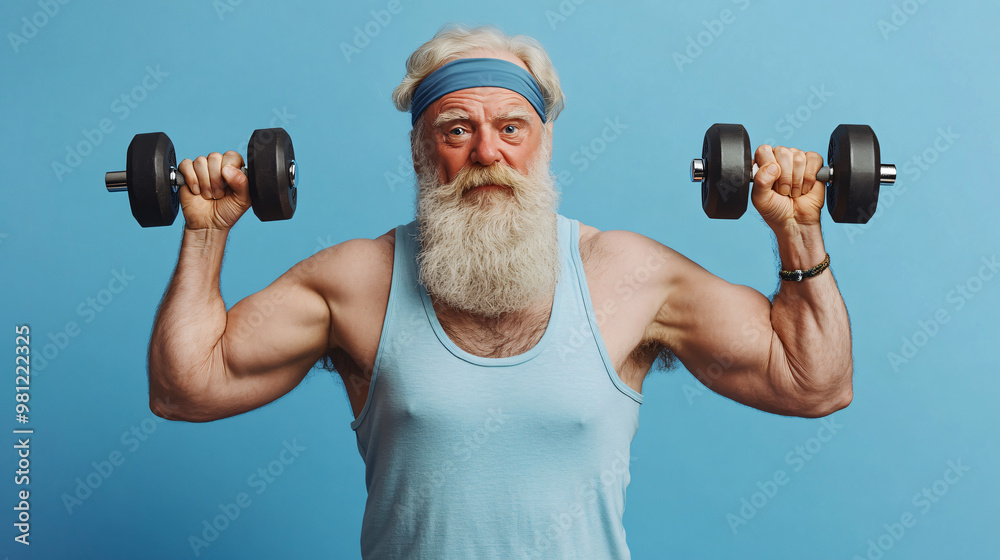 Elderly athlete flexing his biceps while lifting weights against a blue backdrop Elderly athlete flexing his biceps while lifting weights against a blue backdrop