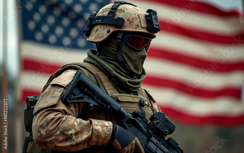 A nation's pride: US soldier in full combat gear in front of American flag for Veterans day photo