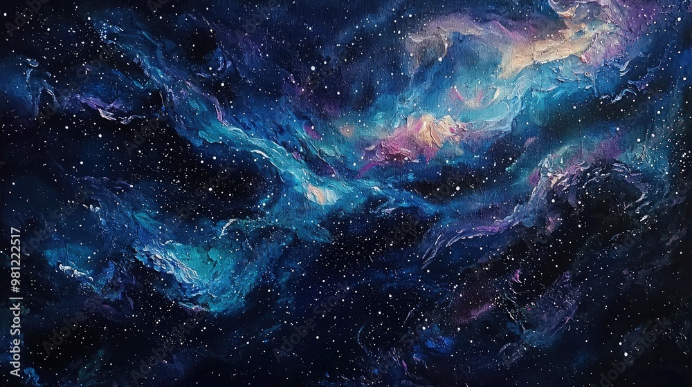Create an abstract starry sky scene using the texture of acrylic paint. Employ thick brushstrokes and layered colors to convey the depth and mystery Create an abstract starry sky scene using the texture of acrylic paint. Employ thick brushstrokes and layered colors to convey the depth and mystery