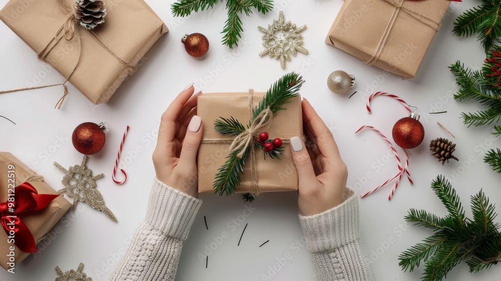 Womans are engaged in wrapping a New Year gift, surrounded by seasonal decorations including ornaments, greenery, and candy canes Womans are engaged in wrapping a New Year gift, surrounded by seasonal decorations including ornaments, greenery, and candy canes