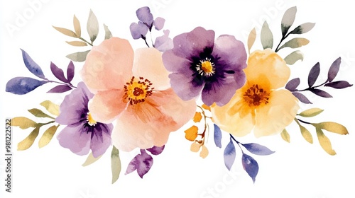 This beautiful watercolor floral design features pink, purple, and yellow flowers, ideal for elegant invitations, charming greeting cards, and delightful spring decor that will impress all