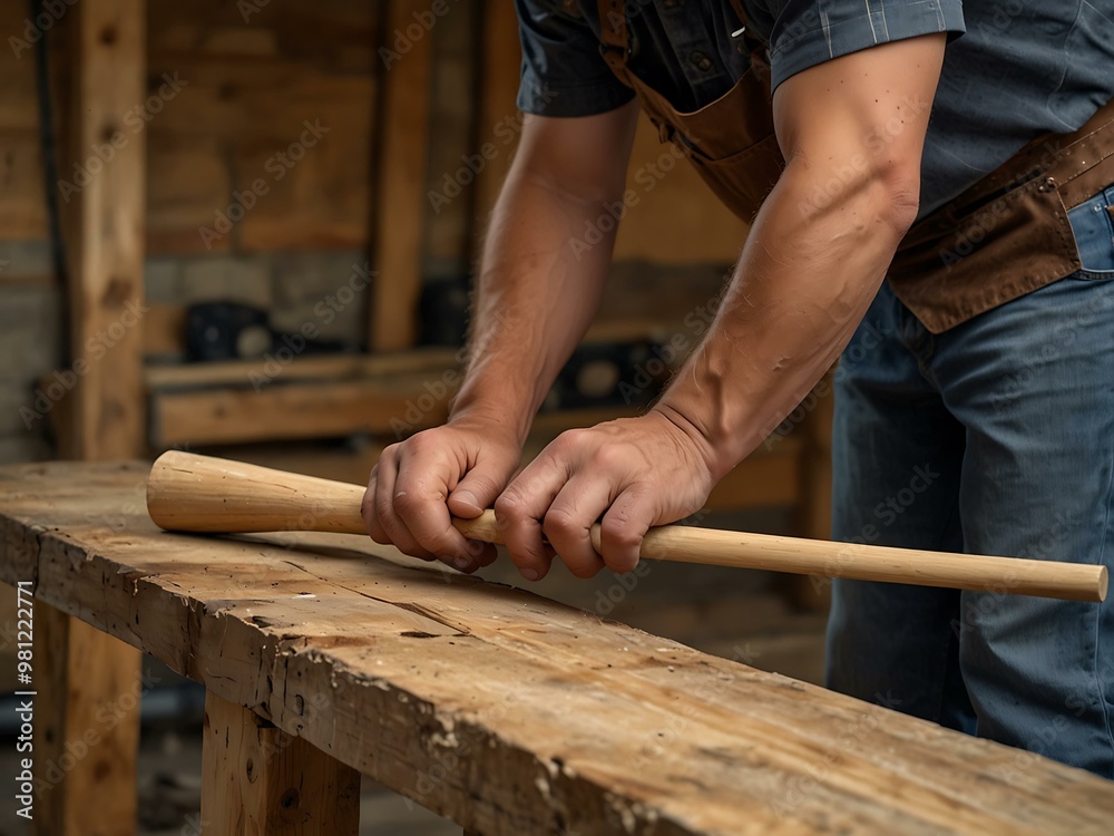 Carpenter aligning wood planks with a mallet and dowel rods in a rustic setting. Carpenter aligning wood planks with a mallet and dowel rods in a rustic setting.