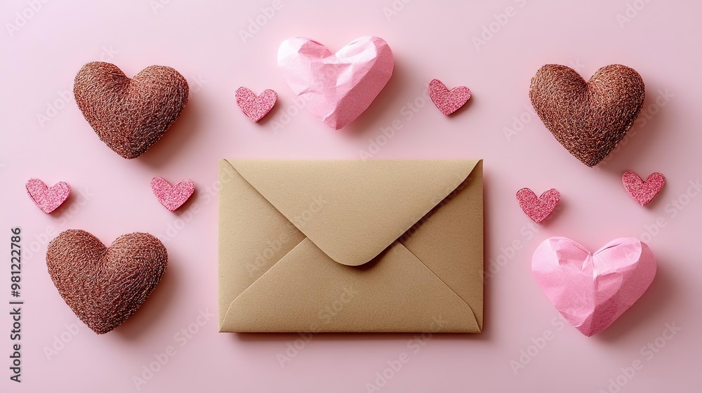 A romantic scene featuring a brown envelope surrounded by heart-shaped decorations and treats, perfect for expressing love.