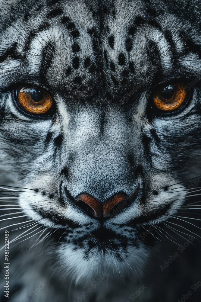 A close-up of a snow leopard’s face, with its intense gaze and thick, spotted fur, A close-up of a snow leopard’s face, with its intense gaze and thick, spotted fur,