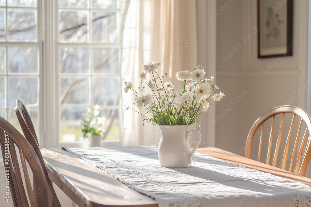 Fototapeta premium a cozy Scandinavian kitchen nook featuring a minimalist dining table, soft wool textiles, and an abundance of natural light. Incorporate light wood enhance the nostalgic feel of the space.