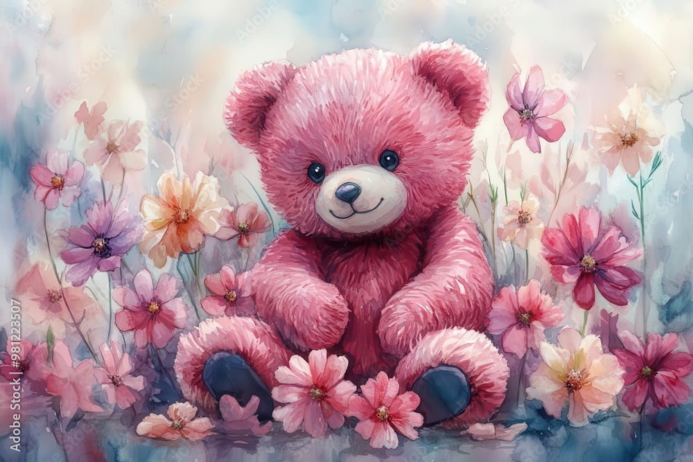 Fototapeta premium whimsical watercolor nursery art featuring an adorable teddy bear surrounded by pastel flowers creating a dreamy and soft background perfect for a childs room
