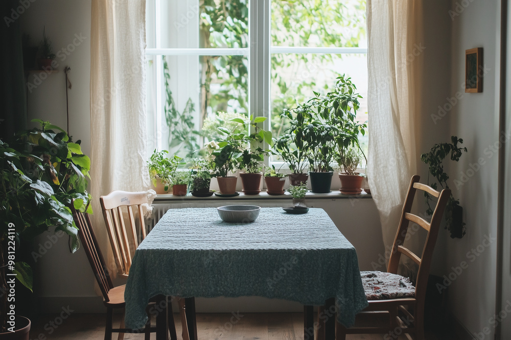 a cozy Scandinavian kitchen nook featuring a minimalist dining table, soft wool textiles, and an abundance of natural light. Incorporate light wood enhance the nostalgic feel of the space. a cozy Scandinavian kitchen nook featuring a minimalist dining table, soft wool textiles, and an abundance of natural light. Incorporate light wood enhance the nostalgic feel of the space.