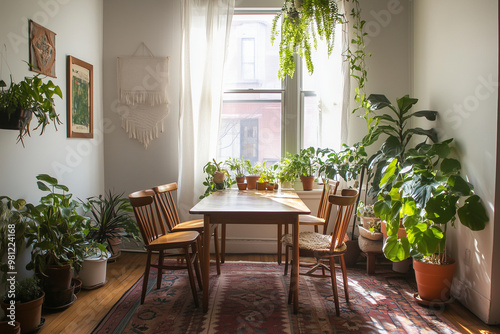 a cozy Scandinavian kitchen nook featuring a minimalist dining table, soft wool textiles, and an abundance of natural light. Incorporate light wood enhance the nostalgic feel of the space. photo