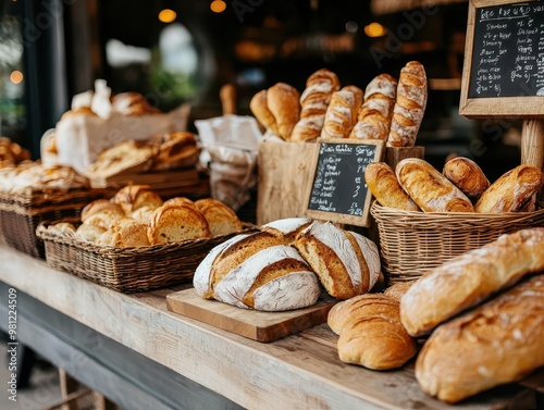 Traditional food market stall selling freshly baked bread and pastries, food market, bakery advertising concept