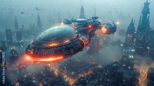 Futuristic Flying Cars over a Metropolis