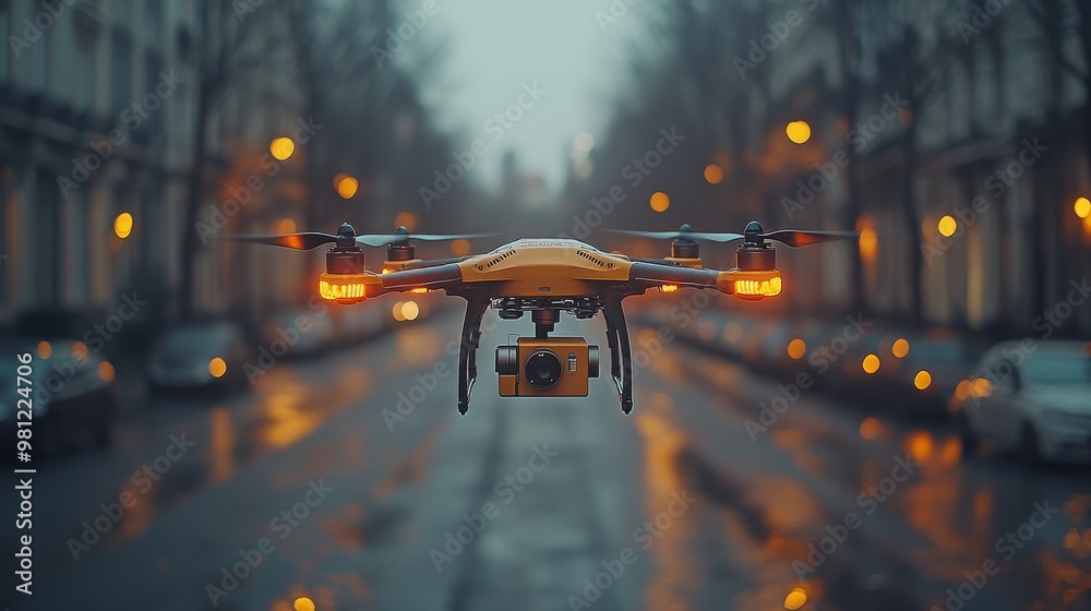 Drones deliver packages efficiently in a city street at dusk near urban buildings Drones deliver packages efficiently in a city street at dusk near urban buildings